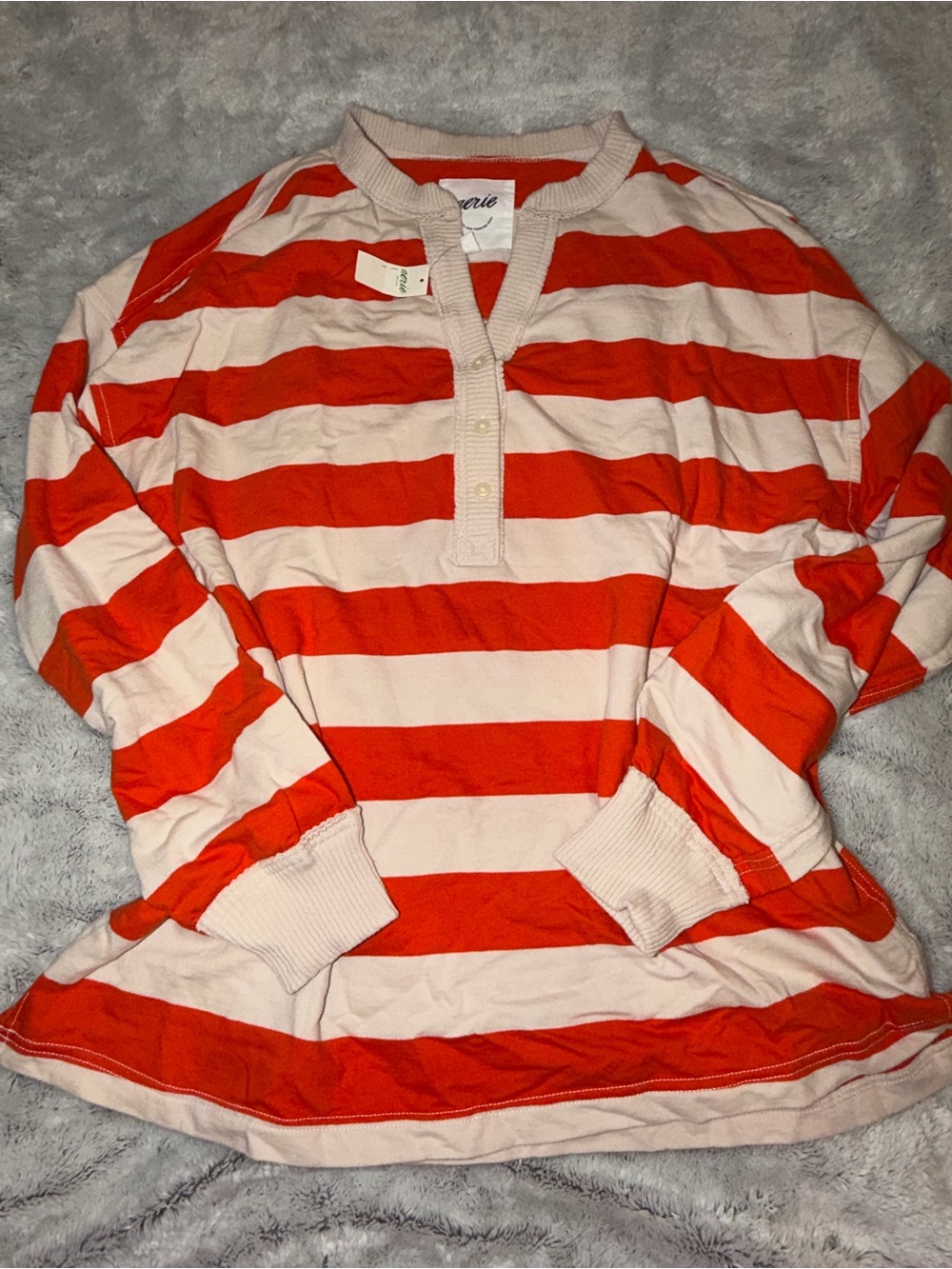 aerie Orange and Cream Striped Henley Long Sleeve Top
